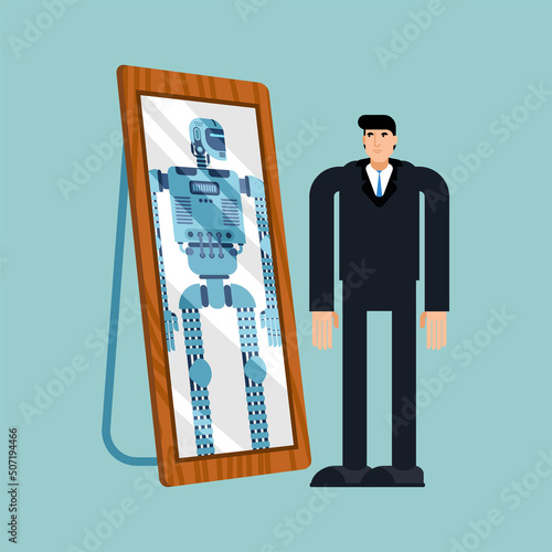 Robot will replace human. Robot is reflected in mirror of man. Concept of replacing people with robots