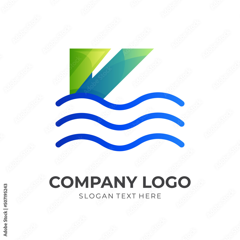 Fototapeta premium letter K sea logo vector with 3d colorful style