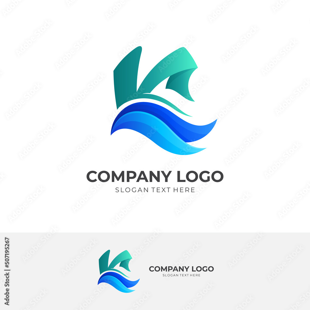 Fototapeta premium letter K wave logo design with 3d colorful style