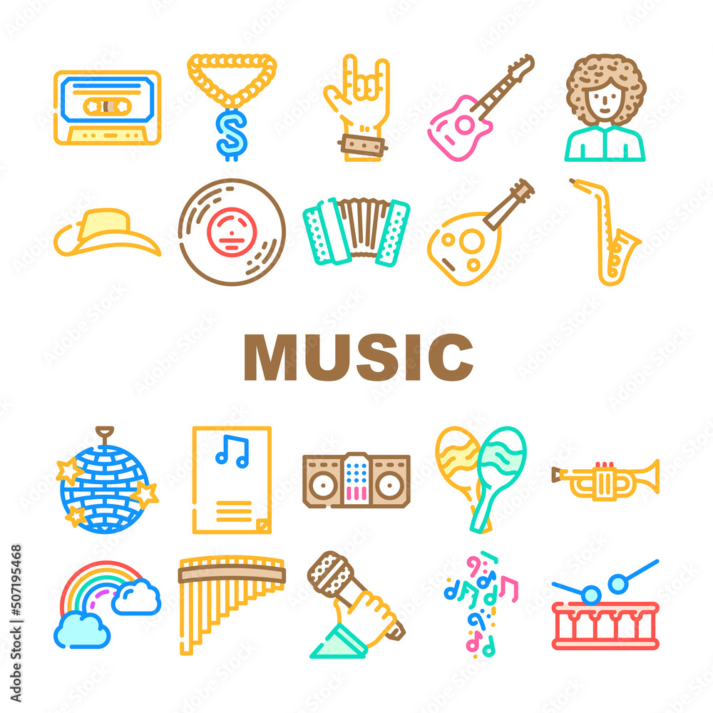 Music Genres Audio Performance Icons Set Vector. Classical And Country, Pop And Hip Hop, Jazz And Electronic, Disco And Funk Music Genres. Musical Entertainment And Performing Color Illustrations
