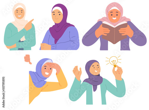Hijab Muslim Girl Cute Happy Point Sit Read Book Music Drawing Fun Peek Idea Illustration Vector Clipart