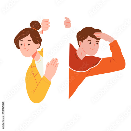 Man woman peep curious peek look search watch spy from behind wall Smile woman flat vector illustration clipart isolated