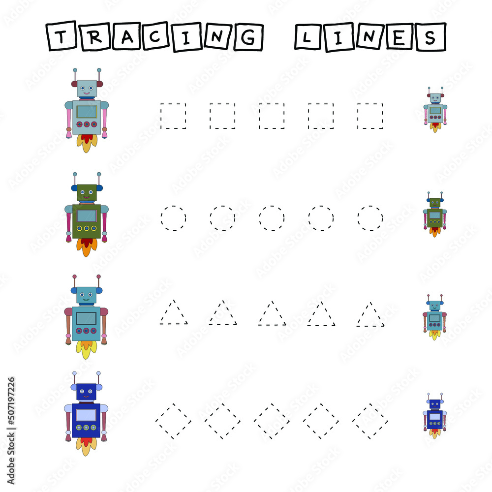 Trace line worksheet with robots for kids, practicing fine motor skills.  Educational game for preschool children. 