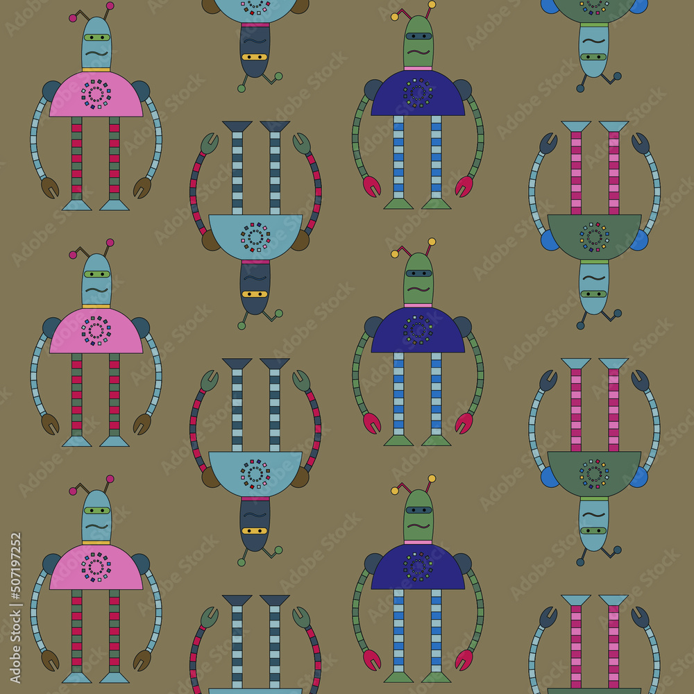 Cute cartoon robots on brown background. Cyborg icons set. Cute cartoon robots on brown background. Cyborg icons set.