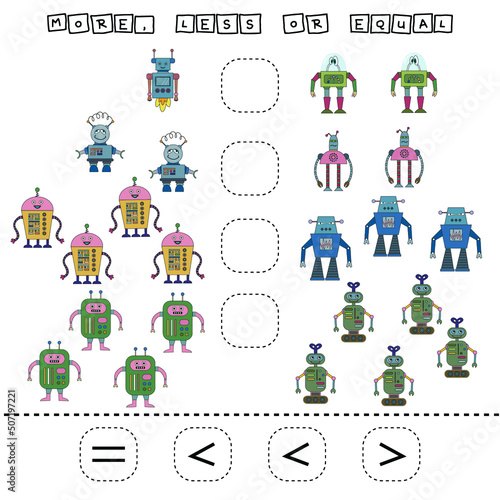 math problem: Greater, less, or equal. Count the number of cartoon colored  robots and compare. Educational math game for children.