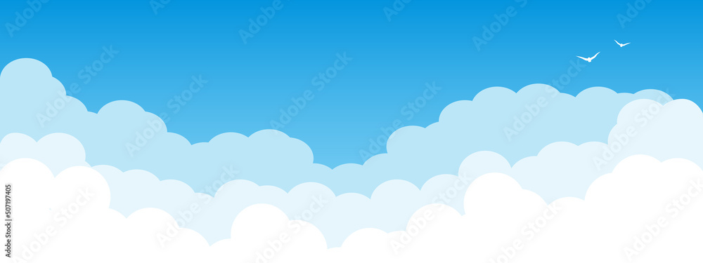 Sky with clouds on a sunny day. jpeg image illustration Paper isolated blue sky with white clouds background. Abstract poster paper cartoon design object for poster, flyer, postcard, web, banner, cove - obrazy, fototapety, plakaty 