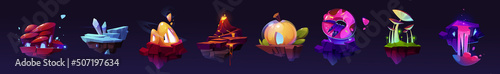 Fantasy flying islands, land platforms for 2d ui game design. Vector cartoon set of floating islands with volcano, lava, magic crystals, ice, waterfall, pumpkin, mushroom and witch hand holding donut
