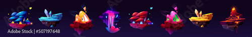 Flying land platforms, fantasy islands for 2d game design. Vector cartoon illustration of volcano with lava, gold and diamond crystals, pink waterfall on floating rock islands