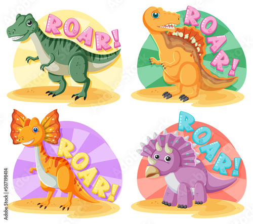 Set of cute dinosaur cartoon characters