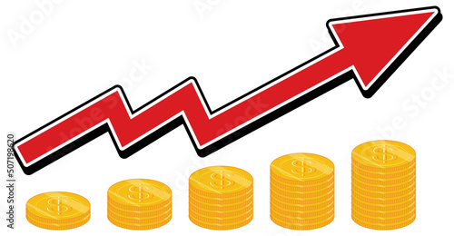 Red arrow going up with coin stacks