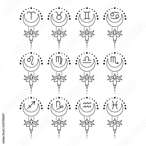 Set of zodiac signs, astrology horoscope. Esoteric signs