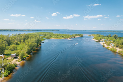 Photos Aerial landscape view on Volga river with islands and green forest