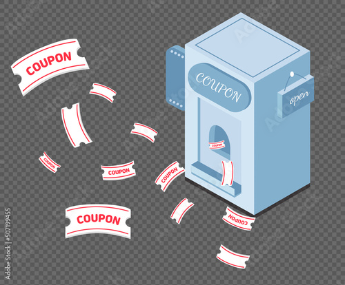 coupon booth with coupons illustration set. mobile, open, sale, market. Vector drawing. Hand drawn style.