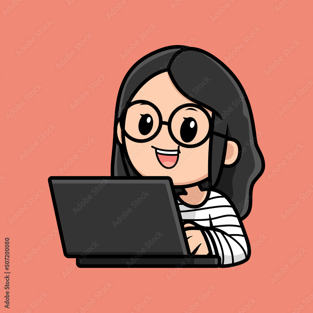 cute girl cartoon with laptop design illustration