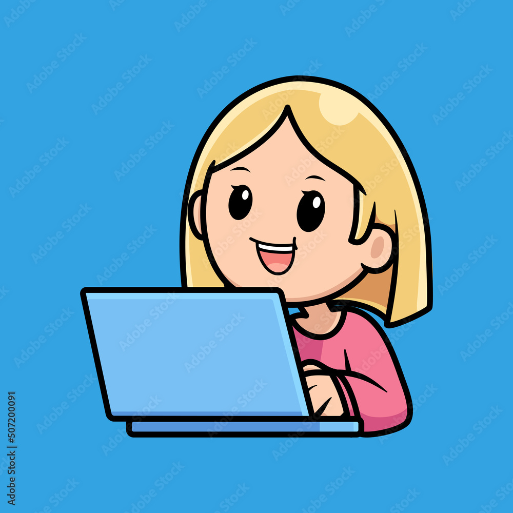 cute girl cartoon with laptop design illustration cute girl cartoon with laptop design illustration