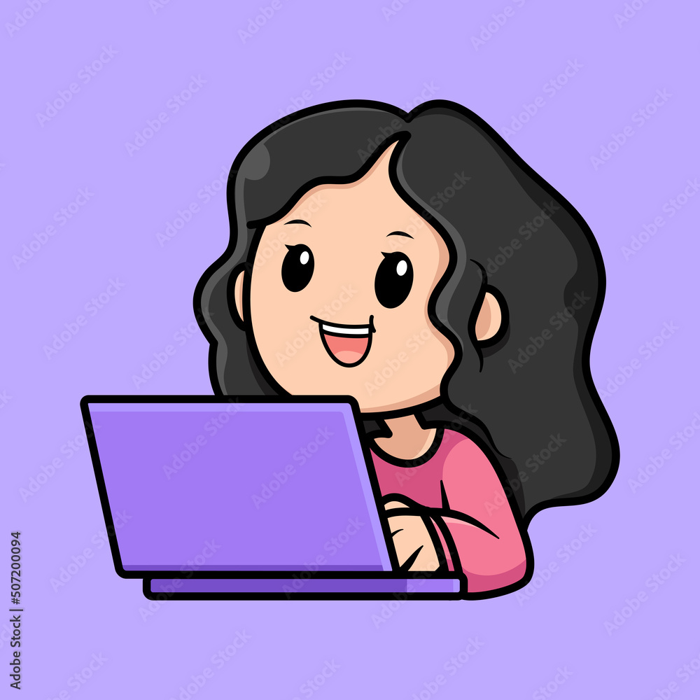 cute girl cartoon with laptop design illustration cute girl cartoon with laptop design illustration