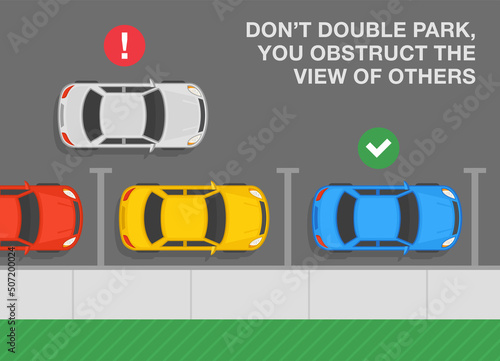 Driving a car. Outdoor parking rules and tips. Do notdouble park, you obstruct the view of other drivers. Top view of correct and incorrect parallel parked cars. Flat vector illustration template.