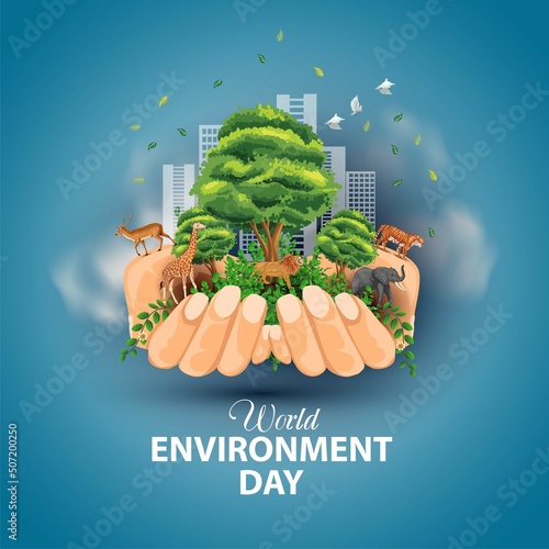 world environment day poster. two hands holding and green plant. vector illustration design.