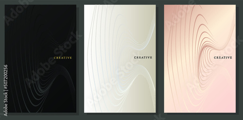 Luxury  brochures. Design covers with distorted lines. Elegant, minimalist graphics on a black, platinum and delicate pink background.