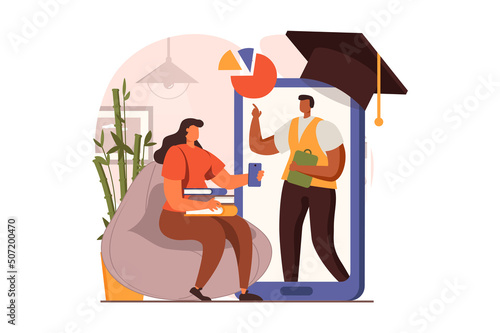 Online education web concept in flat design. Teacher explains lesson on smartphone screen, woman student are listening webinar, reading books, gain knowledge. Vector illustration with people scene