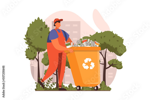 People collecting garbage web concept in flat design. Man gathering waste recycling container. Eco activism, volunteering and environmental protection. Vector illustration with characters scene