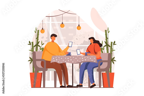 People sit in gadgets web concept in flat design. Man and woman scroll feeds and look at smartphones, ignoring each other while sitting at table in cafe. Vector illustration with characters scene