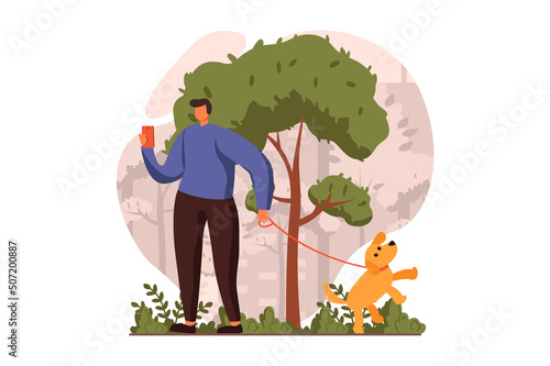 People sit in gadgets web concept in flat design. Man networking and browsing in app and ignoring dog on leash, owner and pet move in different directions. Vector illustration with characters scene