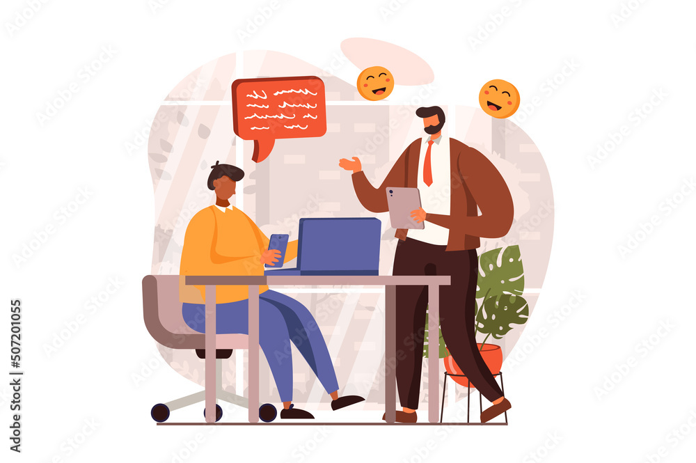 People sit in gadgets web concept in flat design. Man browsing sites using smartphone office. Colleagues chatting online and sharing content each other. Vector illustration with characters scene People sit in gadgets web concept in flat design. Man browsing sites using smartphone office. Colleagues chatting online and sharing content each other. Vector illustration with characters scene