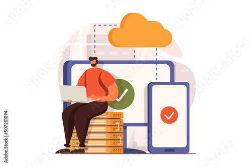SaaS web concept in flat design. Man client buys programs by subscription and uses software as a service and cloud technologies on computer and smartphone. Vector illustration with characters scene