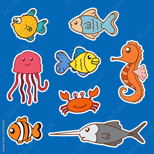 set of cute sea animal icon. hand drawn vector. doodle marine life for kids, sticker, clipart, poster, card, label, wall decoration. fish, jellyfish, crab and seahorse illustration on blue background.