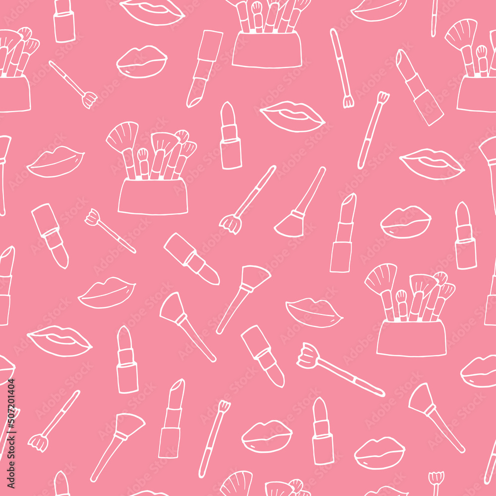 seamless pattern with set of makeup illustration isolated on pink background. white outline, hand drawn vector. doodle makeup for wallpaper, wrapping paper and gift, backdrop, fabric, textile. seamless pattern with set of makeup illustration isolated on pink background. white outline, hand drawn vector. doodle makeup for wallpaper, wrapping paper and gift, backdrop, fabric, textile.