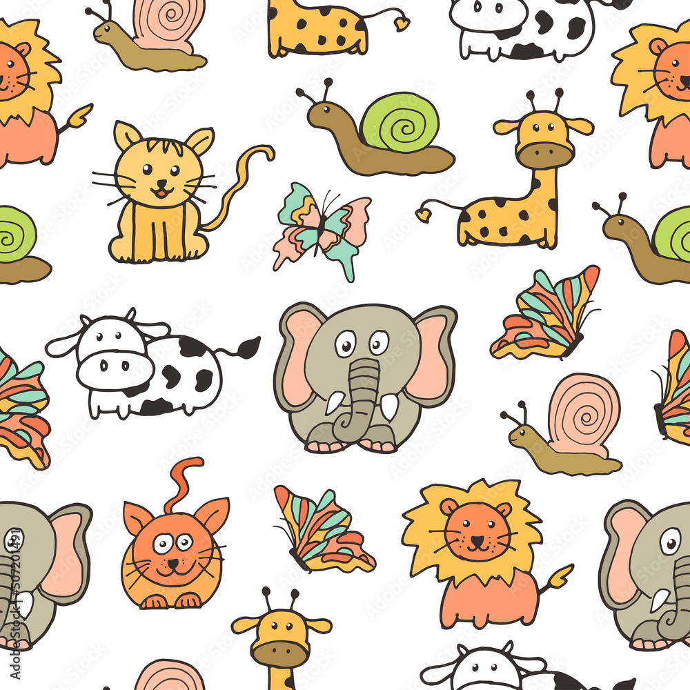 Fototapeta premium set of cute baby animal on white background. lion, cat, elephant, butterfly, snail, giraffe, and cow illustration. hand drawn vector, seamless pattern. doodle art for kids, wallpaper, wrapping paper. 