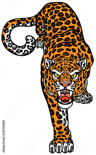 Leopard crawl stalking. Crawling spotted panther. Creeping big cat. Front view isolated vector illustration