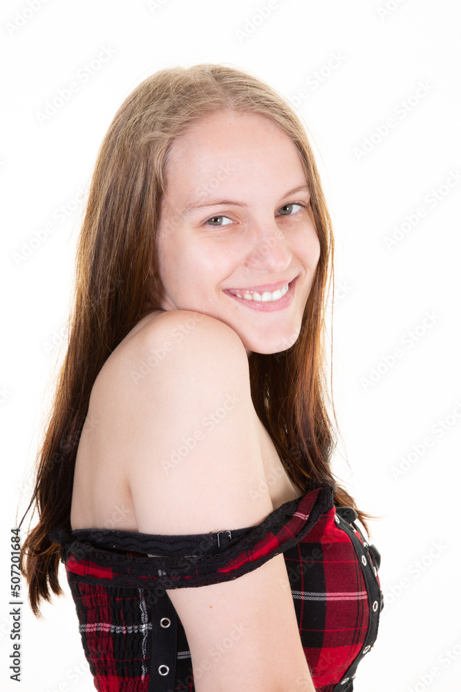 Happy smiling girl with healthy skin and perfect long blond hair isolated on white Happy smiling girl with healthy skin and perfect long blond hair isolated on white