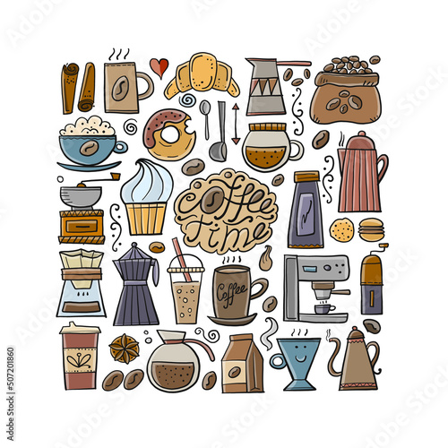 Coffee doodles icons set. French press, cup of coffee, latte, cappuchino, espresso, grinder, pots, coffee beans, sweets