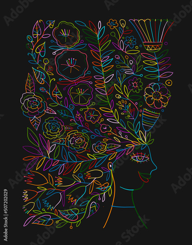 Floral female portrait, pretty woman with floral hairs. Design for fashion ca...