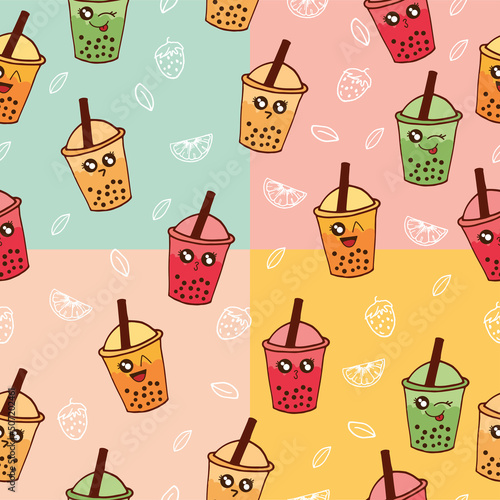 kawaii cup of bubble tea with fruit flavor illustration. hand drawn vector. seamless pattern with cup of boba on colorful background. cute face. wallpaper, fashion kids, wrapping paper and gift. 