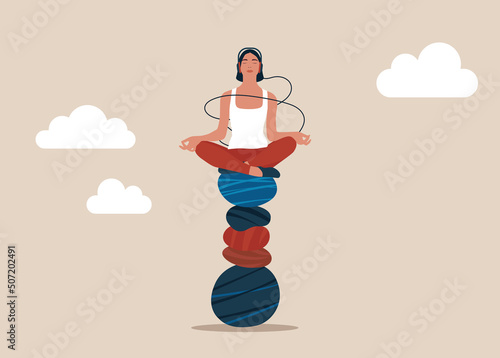 Сalm peaceful woman meditate sitting on stack of zen rock pyramid. Mindfulness meditation to balance work and life, mental health healing with relaxing yoga, enjoy freedom, peace and solitude concept.