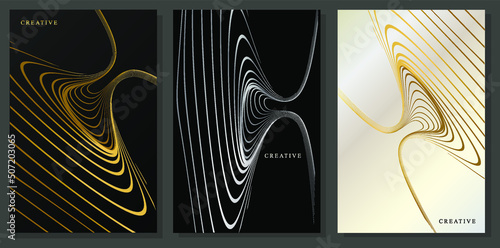 Luxury abstract brochures. Design covers with distorted metallic lines. Elegant, minimalist graphics on a black and platinum background.