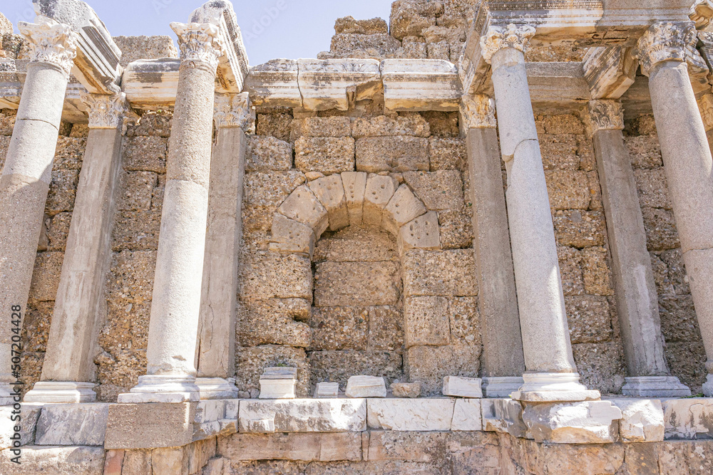 Remains of columns at Devlet Agorasi in Side, Turkey