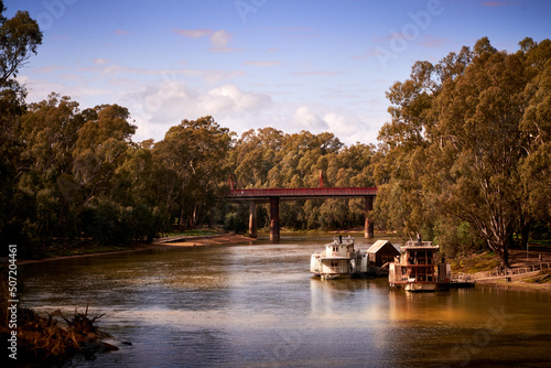 Paddle Steamers moored on the banks of the Murray River Echuca Australia