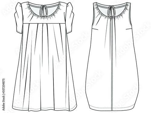 girls nightie flat sketch vector illustration. nightwear apparel template cad mockup. isolated on white background.