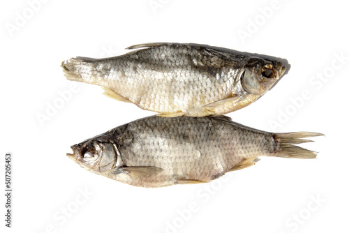 Dried fish on a white background.