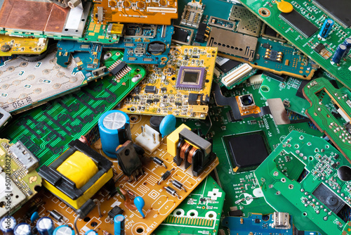 Pile of scrap electronic circuit boards for recycling