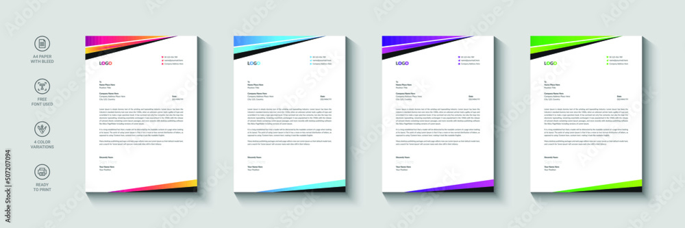 Business letterhead, Letterhead template with various colors, Letterhead template in flat style, Modern company letterhead template design