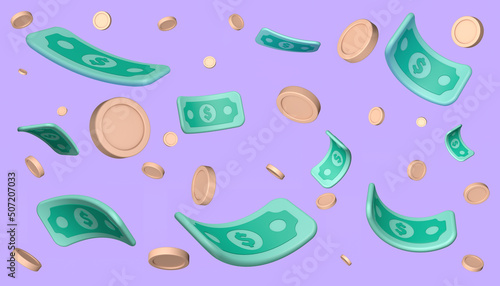 Flying banknotes and coins on purple background. 3d render money illustration.