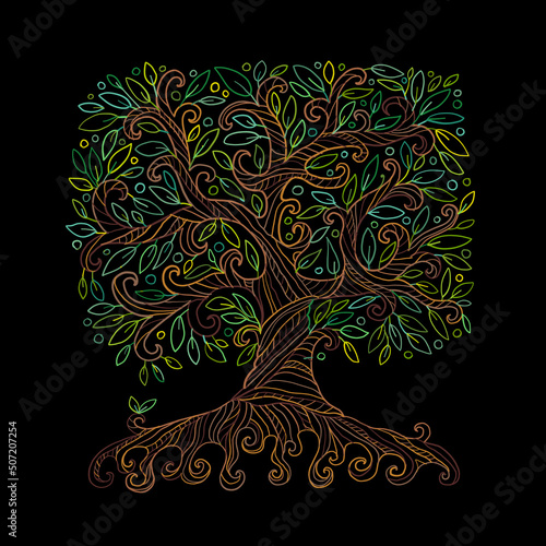 Old big family tree with roots. Isolated on black background. Concept Art for...