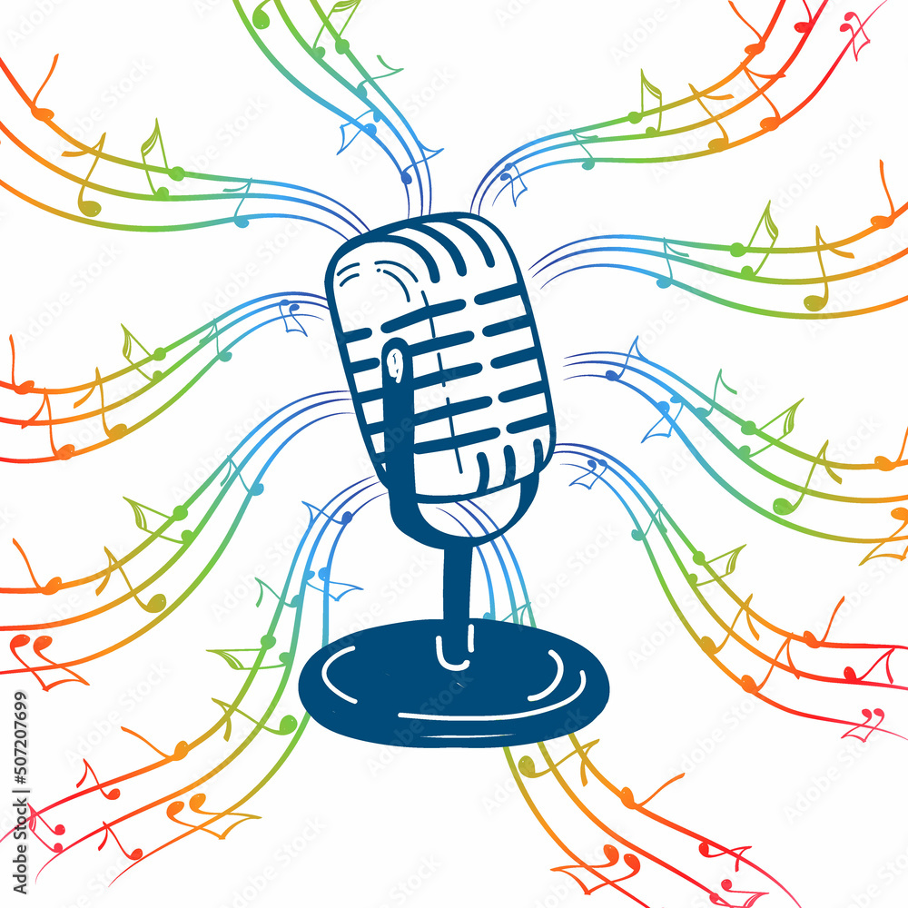 Obraz premium Microphone in doodle style. Multicolored notes vector cartoon illustration on white isolated background. Karaoke. Audio equipment concept with the effect of bright rainbow melody.