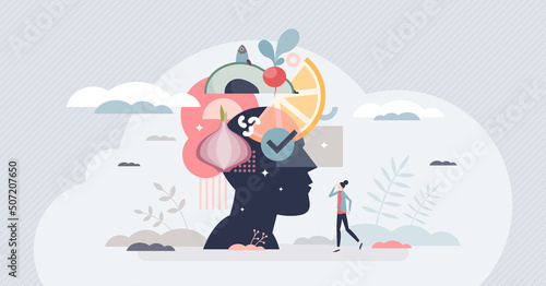 Mindful eating and healthy daily food consumption awareness tiny person concept. Vegetable, fish and fruits balance for body health and vitality vector illustration. Fresh nutrition to avoid obesity.