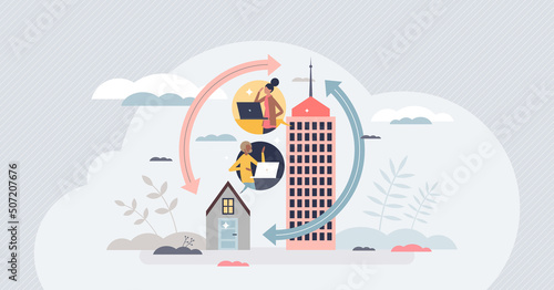 Hybrid work with flexible working from office and home tiny person concept. Workplace location for employees vector illustration. Remote job with distant online solution and part time business center. photo